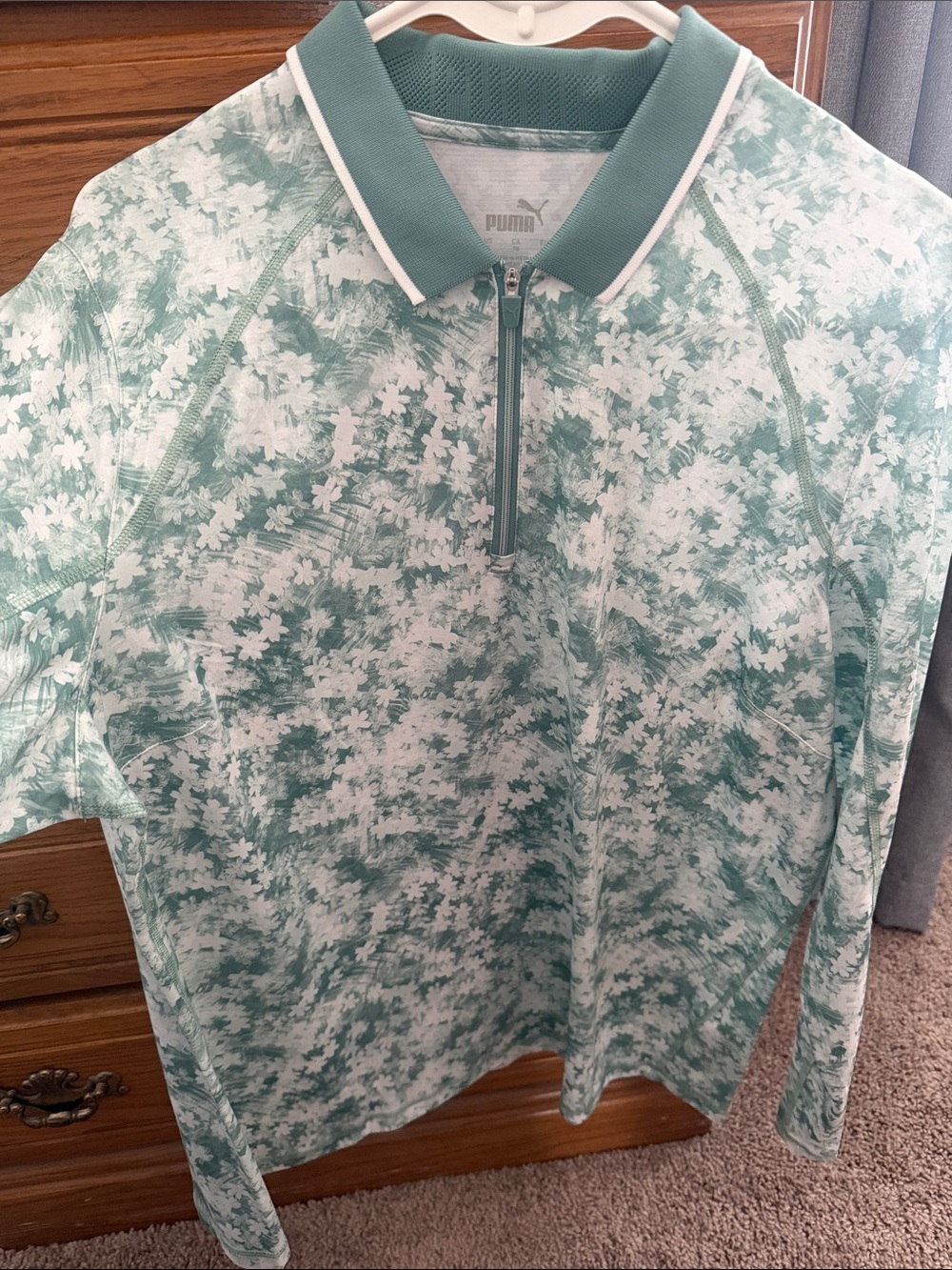 Puma Mint Green and White Floral Zip-Front Polo